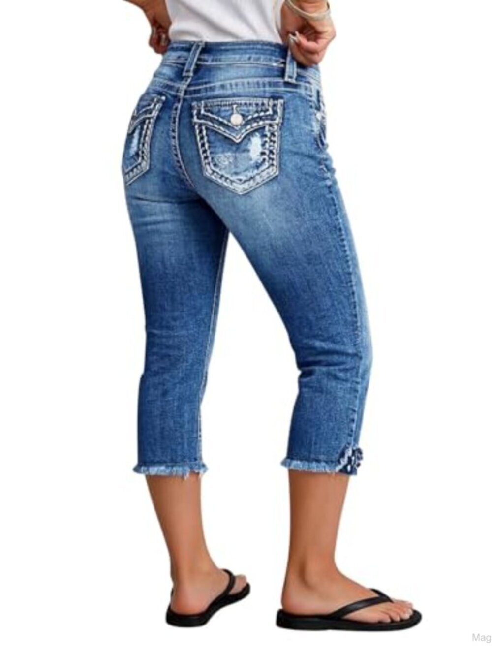 Women's Capri Skinny Jeans Raw Hem Ripped Mid Rise Stretch Denim